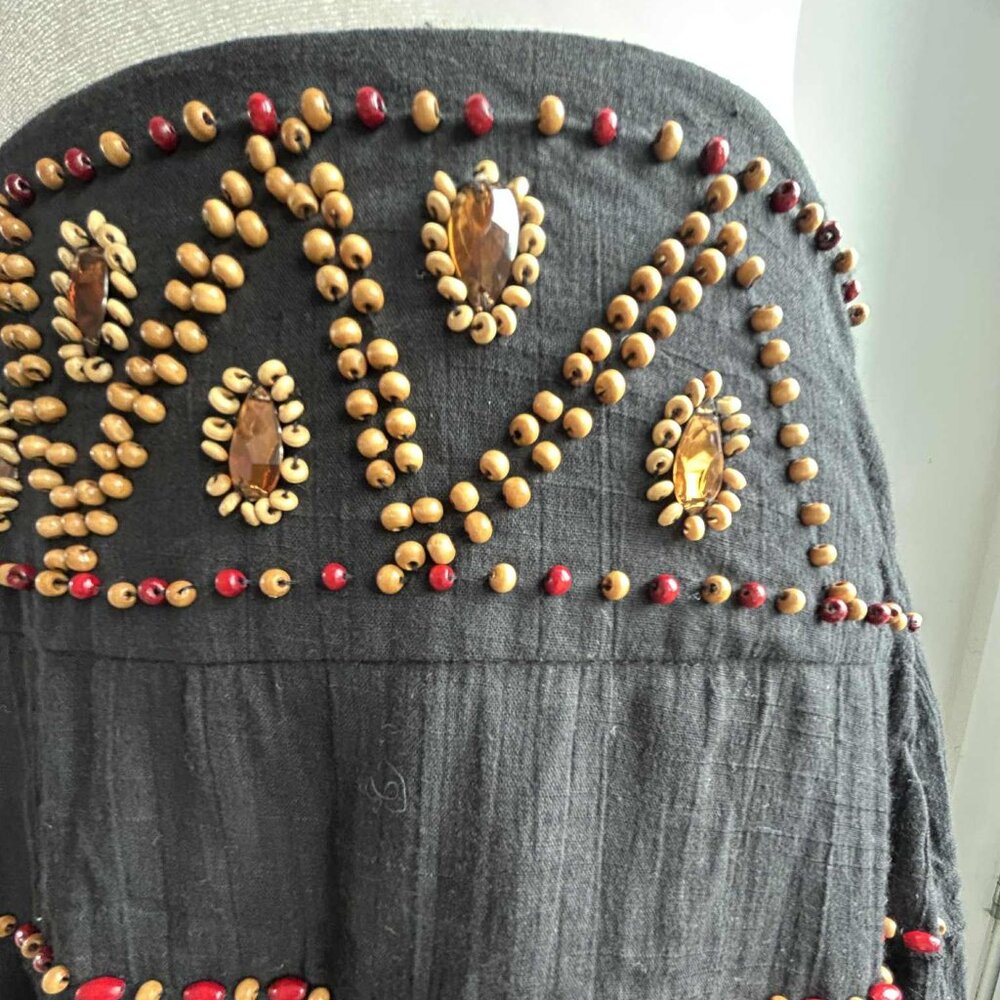 Lulumari Boho Wood & Gem Beaded Black Cotton Tiered and Lined Maxi Skirt - US L